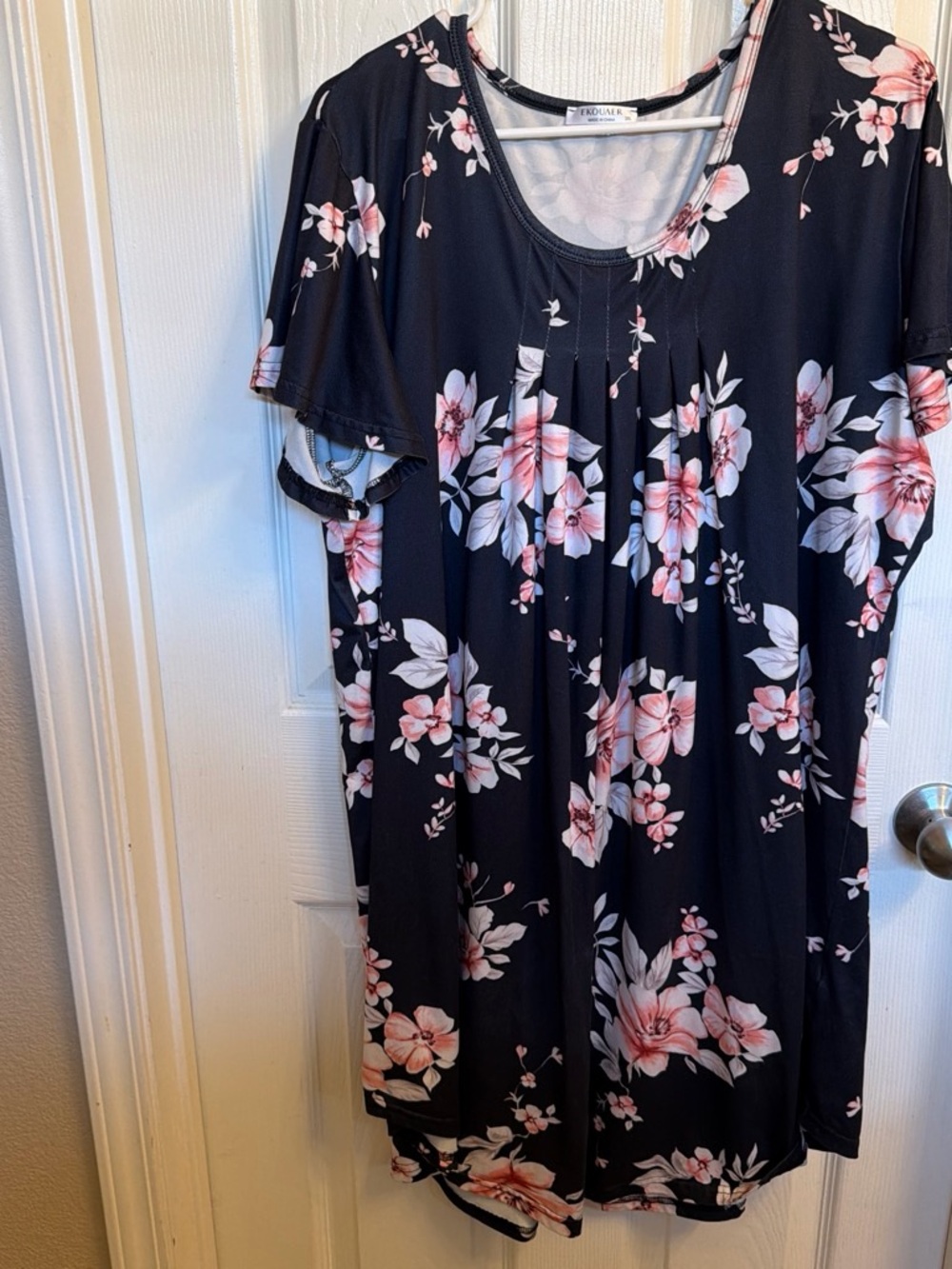 Black Floral Scoop-Neck Midi Dress with Pink Blossoms